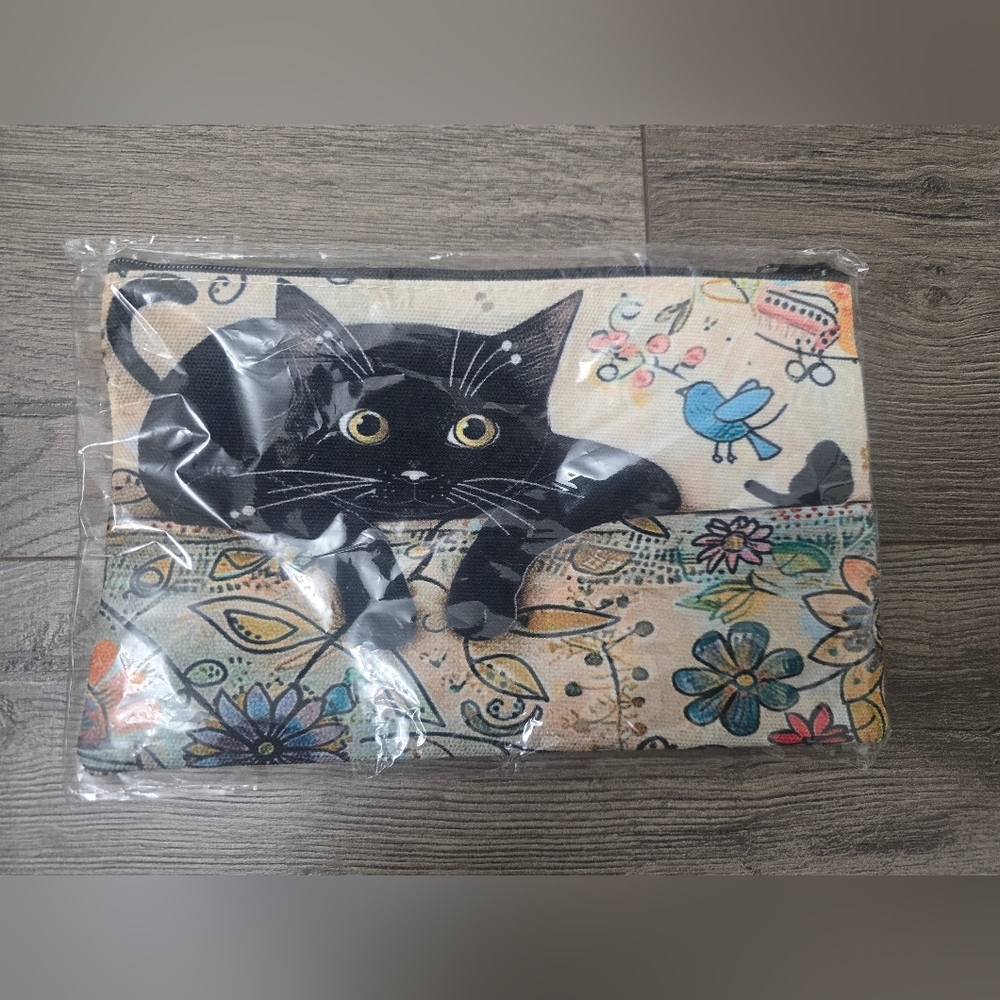 Cat Design Cosmetic Bag NWT Black Cat Floral Birds Travel Vacation Fun